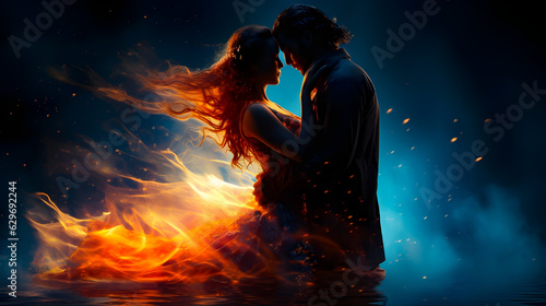 Passion, couple in love in embrace. The elements of fire and water photo