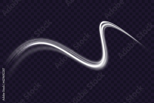 White light trails with motion blur effect, long exposure time vector. Linear magic glowing spark swirl trail. Abstract light speed motion effect. Bokeh glitter wave line with flying sparkling flares.