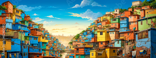 favelas architecture, colorful houses of poor people in South America, banner made with Generative AI photo