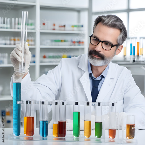 45 year old scientist works with test tubes, genrative AI