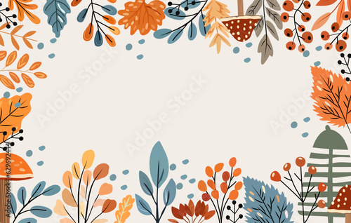 Boho banner with elements autumn, colored tree, autumn leaves, mushrooms and forest berries. Perfect for web, harvest festival, banner, card and Thanksgiving. Vector