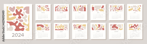 2024 calendar planner template. Monthly calendar with  abstract shapes and forms