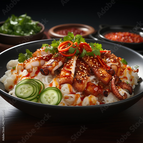 Korean-style dish of squid, spicy sauce, and ingredients on top of rice and mixed with rice, Created with generative AI
