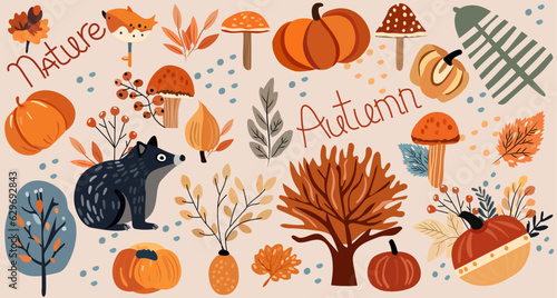 Seasonal autumn banner, with wildlife, veggies, trees, leafage and cute mole. Banners Ideal for web, harvest fest, banners, cards, Thanksgiving. Vector illustration.
