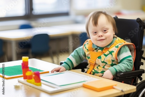Unusual boy with Down syndrome playing and educating with geometrical shapes