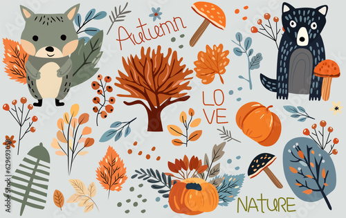 Seasonal autumn banner, with wildlife, veggies, trees, leafage and cute raccoon and funny wolf. Banners Ideal for web, harvest fest, banners, cards, Thanksgiving. Vector illustration.
