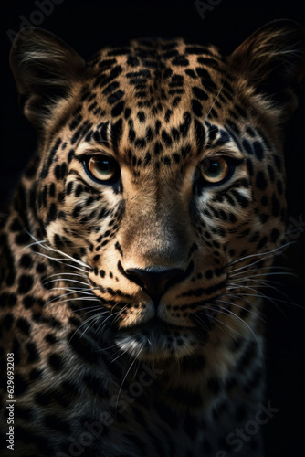 A powerful image of a leopard's piercing blue eyes, a testament to the animal's strength and resilience. AI Generative © sorapop