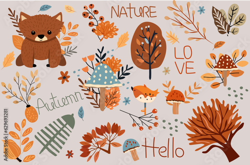 Seasonal autumn banner, with wildlife, colorful mushroom, trees, leafage and cute bear. Banners Ideal for web, harvest fest, banners, cards, Thanksgiving. Vector illustration