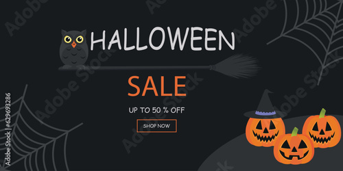 Halloween sale banner with orange pumpkins, Owl and broom. Halloween sale on dark concrete background.
