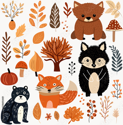 Fall collection, charming forest creatures autumn elements, adorable hedgehog, cute fox, bear, vibrant trees, fall leaves, mushrooms. Ideal for web, harvest fest, banners, cards, Thanksgiving.