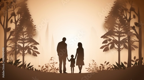 background silhouettes of a happy family on the background of a big heart. banner  poster. concept of family and care for each other. 