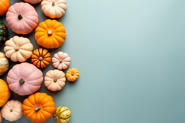 Small orange, white and pink pumpkins on pastel blue background