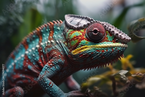 Chameleon with many colors in tropical jungle. Chameleon on a branch in beautiful colors with blurred jungle background. Colorfull chameleon. Realistic 3D illustration. Generative AI © Vagner Castro