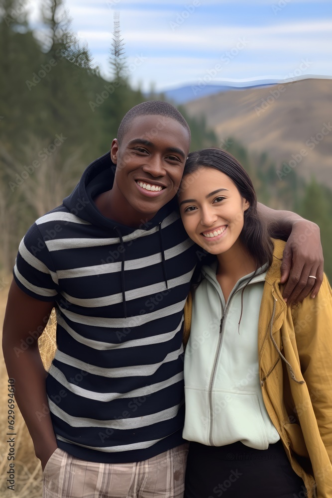 Smiling mixed race young couple posing outside looking at the camera
