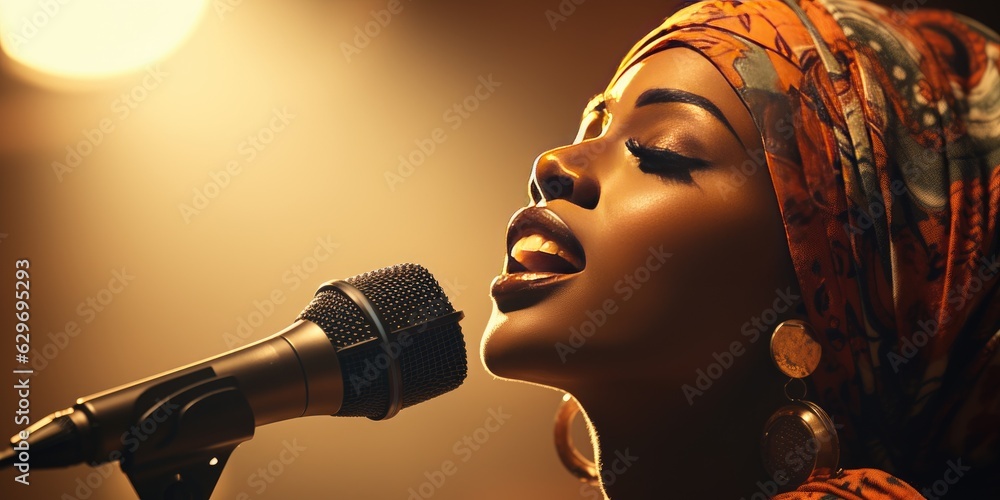 Beautiful young African American woman singing in a club, profile portrait. African woman sings karaoke.