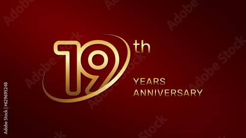 19th anniversary logo design in gold color isolated on a red background, logo vector illustration