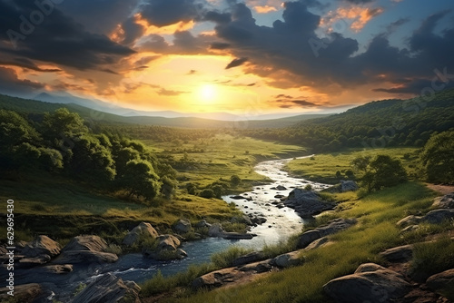 beautiful cinematic landscape illustration trees clouds sunset waterfalls forest birds sun