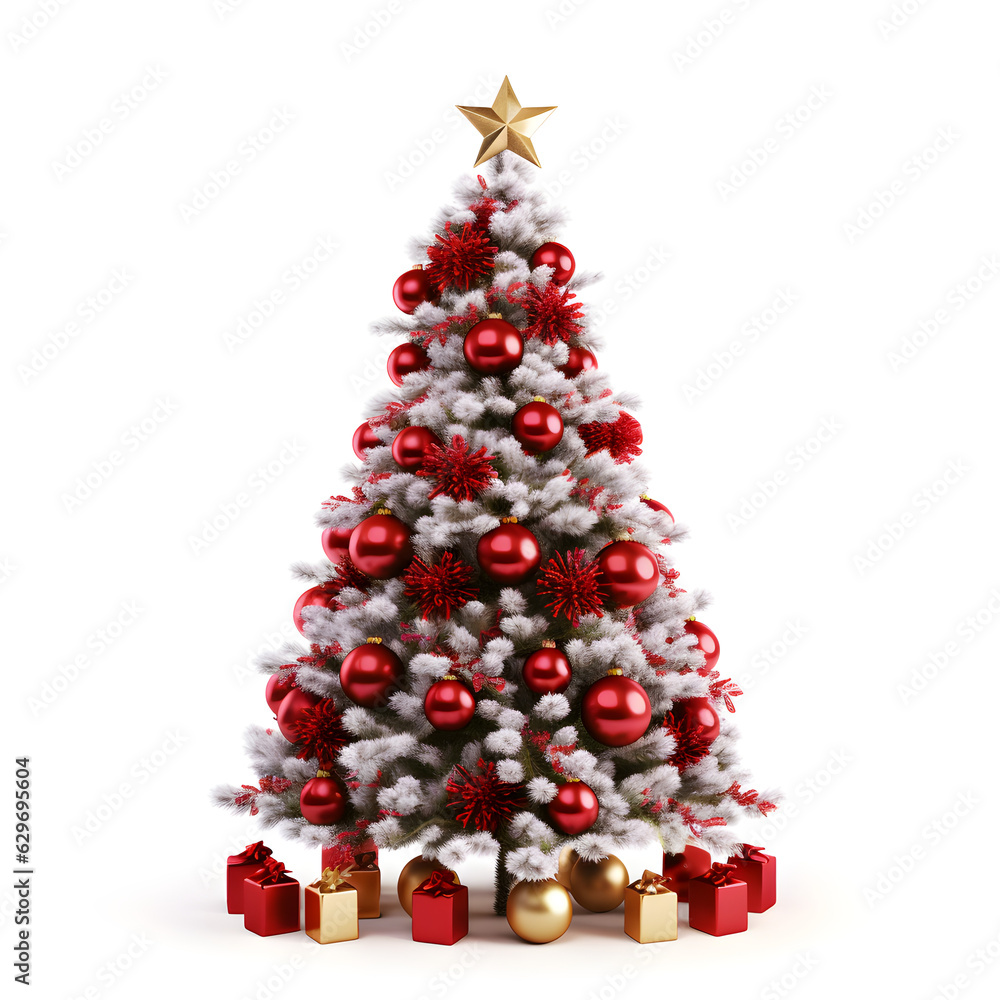 Red and white Christmas tree with Xmas star, decorated with gift boxes, red ribbon, New Year holidays, Generative AI Red and white Christmas tree with Xmas star, decorated with gift boxes, red ribbon, New Year holidays, Generative AI