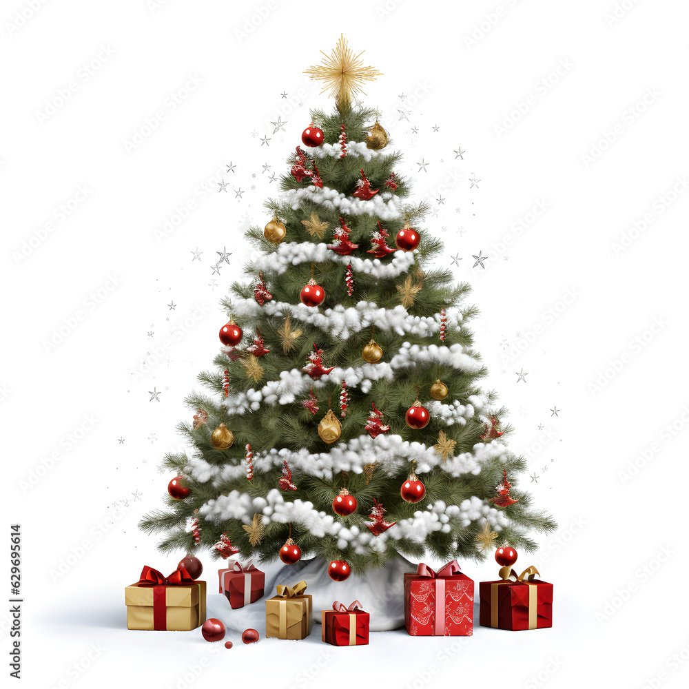 Christmas trees, decorated with ball, gifts, isolated on white background, Generative AI