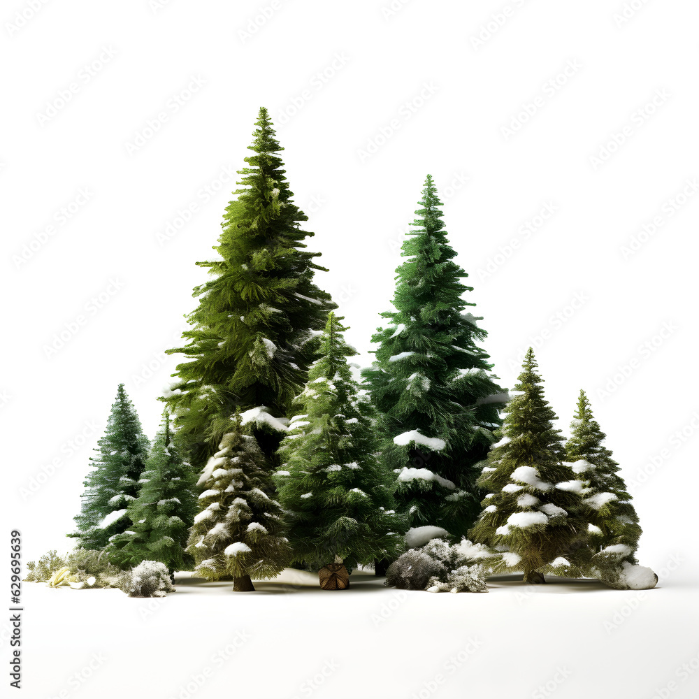 Green Christmas tree in snow, isolated on white background, Generative AI