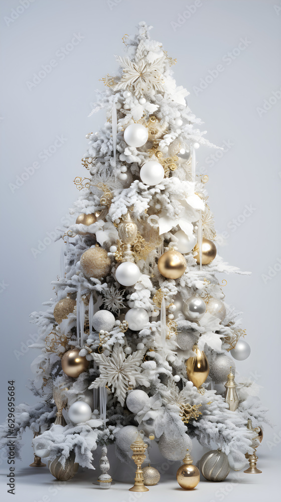Christmas tree with gifts, shiny decorated christmas tree, white silver and gold, Christmas tree isolated on white background