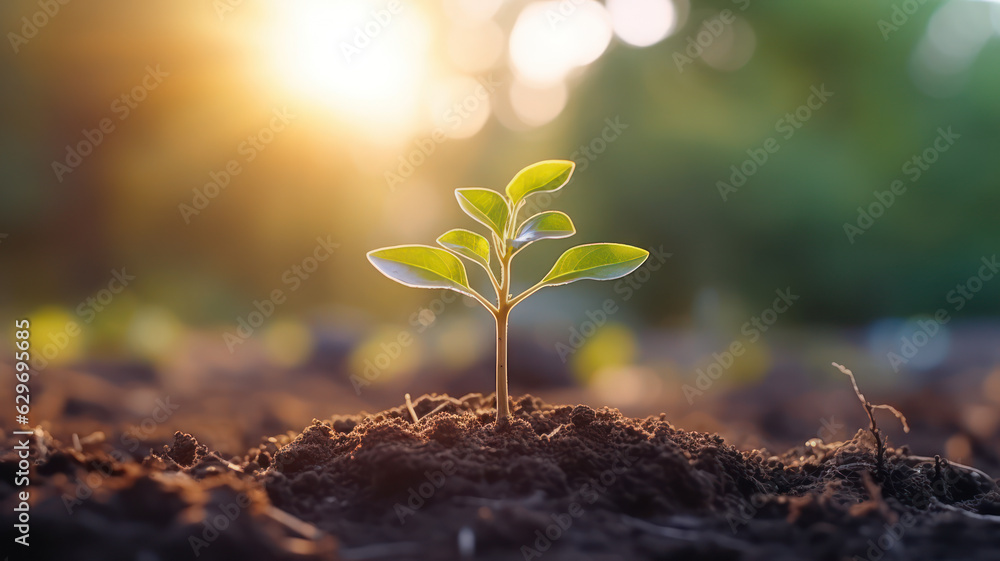 Growing Seedling with Morning Sunshine on Green Bokeh Background, AI generated Growing Seedling with Morning Sunshine on Green Bokeh Background, AI generated