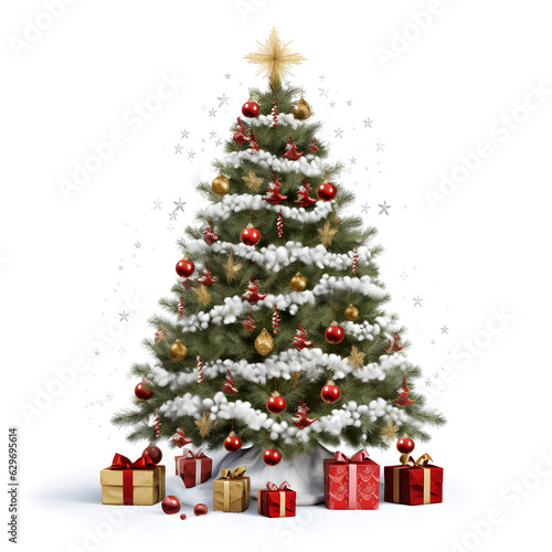 Christmas trees, decorated with ball, gifts, isolated on white background, Generative AI