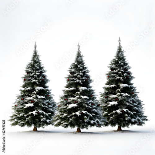 Three Christmas trees in snow, isolated on white background, Generative AI © Jira