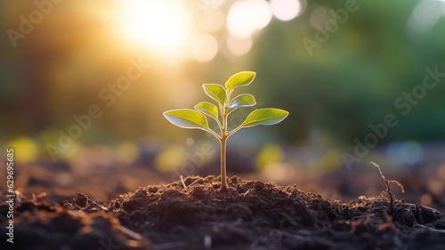 Growing Seedling with Morning Sunshine on Green Bokeh Background  AI generated