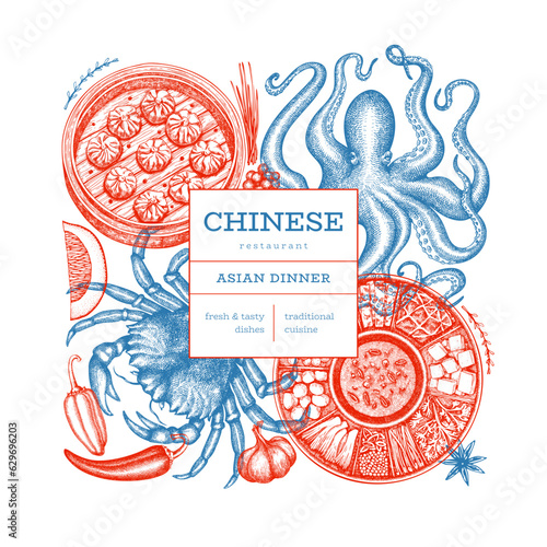 Chinese Cuisine Design Template. Vector Hand Drawn Asian Food Banner. Vintage Style Menu Illustration.