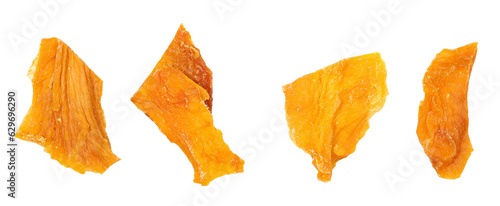 Set dried mango slices isolated on white, top view, clipping path
