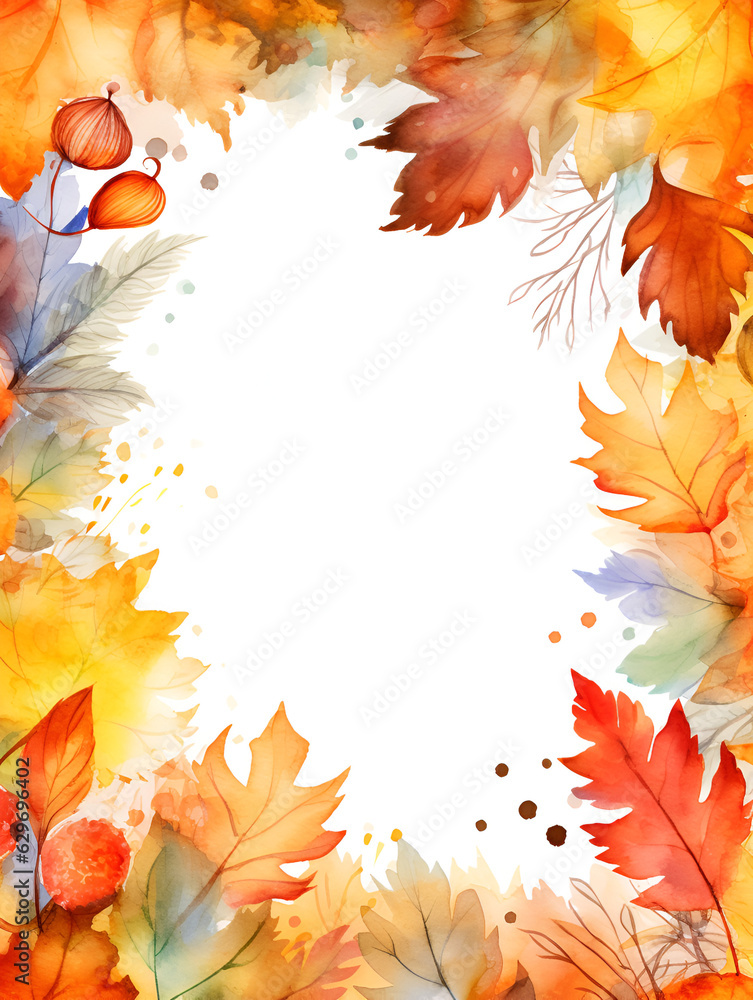 Aquarelle frame illustration with golden autumn leaves with white copy space inside, ai generated