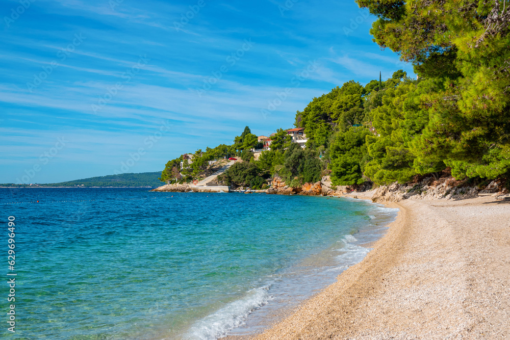Gorgeous small pebble beach under lush pine treetops on sunny island of Hvar