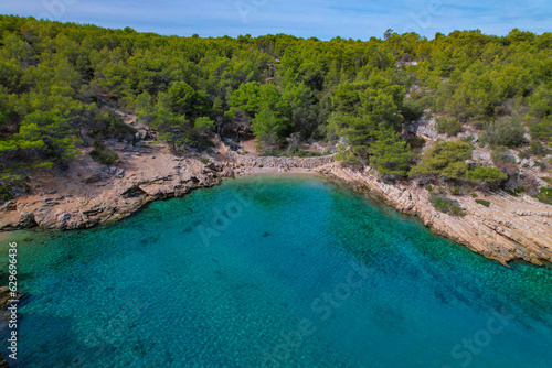 AERIAL: Small bay with stunning clear blue sea surrounded by lush pine forest