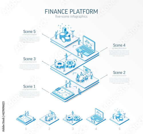 3d line isometric finance platform infographic template. Bank data analysis, presentation layout. 5 option steps, process parts, growth concept. Business people team. Analytics, fintech, money icon