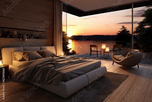 Luxurious bedroom with lake view, bed, chair, and window. © Sebastian Studio