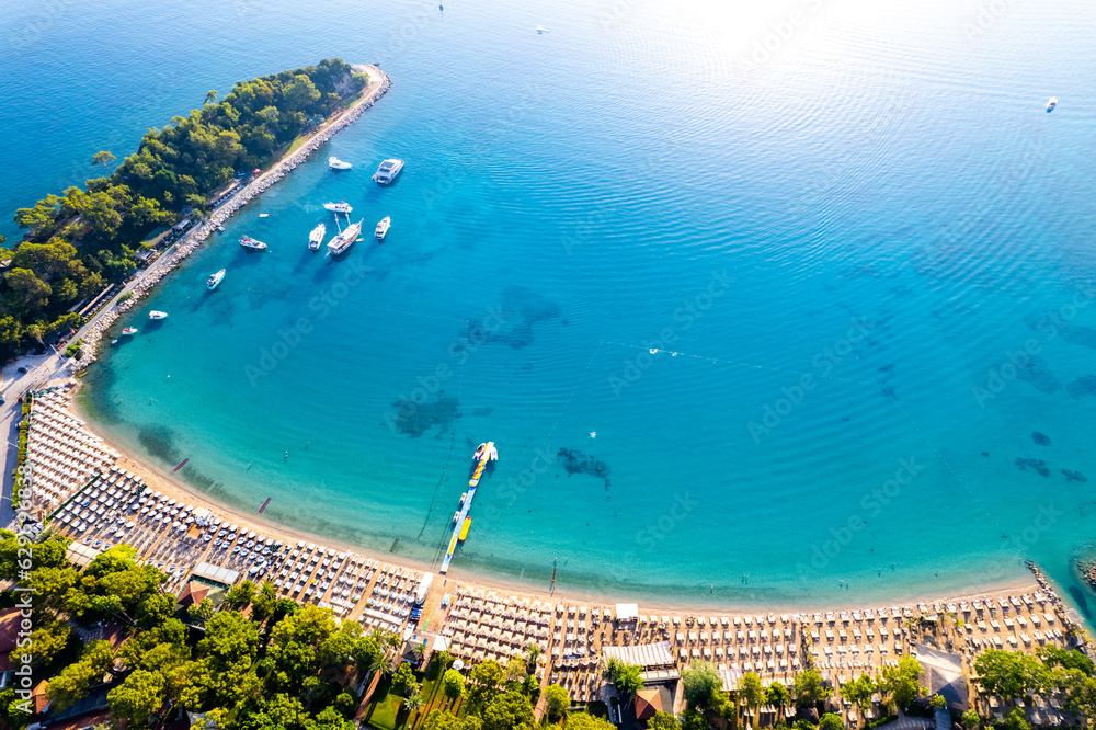 Naklejka premium Kemer, Antalya, Turkey. Aerial view of Moonlight Beach in Kemer. Beautiful turquoise colors of Mediterranean sea. Drone shot.