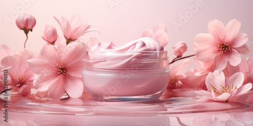 Wallpaper Mural A jar of cream on a pink floral background. Place for a logo. Generative AI Torontodigital.ca