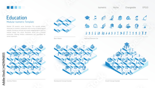 Knowledge, education modular isometric constructor. Seamless pattern base, line icon, character set. Develop, growth up stairs, teamwork concept. Elearn school, university platform. Business infograph
