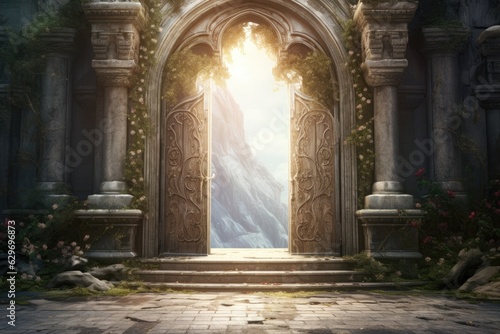A large open door in a dark castle  with a mysterious forest beyond.