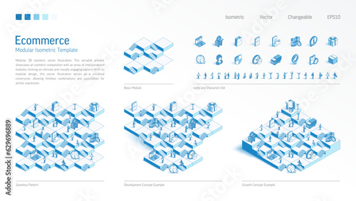 Ecommerce, Online shop, customer journey modular isometric constructor. Seamless pattern base, line icon, character set. Develop, growth up stairs, teamwork concept. Market platform business infograph