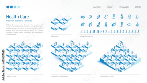 Healthcare, clinic, doctor modular isometric constructor. Seamless pattern base, line icon, character set. Develop, growth up stairs, teamwork concept. Medical health care platform. Business infograph