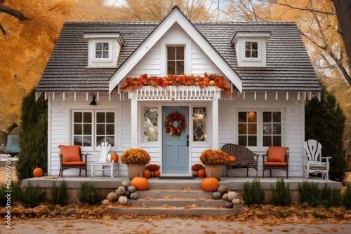Fototapeta Cute and cozy cottage with fall decorations, pumpkins on the front porch