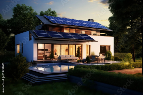 Modern house with solar panels. Generative AI © Artsiom P