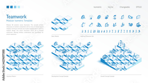 Teamwork success, Office work, communication modular isometric constructor. Seamless pattern base, line icon, character set. Develop, growth up stairs concept. Cooperation platform. Business infograph
