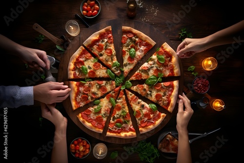 People at a party reach in to grab a slice of freshly-made, crusty, delicious pizza. Generative AI.