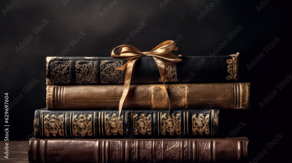 Lots of old leather-bound books in one stack on a dark background. Place for text. Design element, paper and leather texture. books close-up. education and training concept.Generative AI