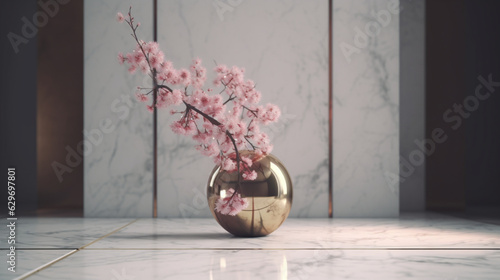 Fotografiet Joli vase décoratif avec plante et fleur de cerisier sur fond clair