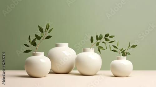 Jolis vases décoratifs avec plante et feuilles sur fond clair. Arrière-plan vert, sobre, élégant. Pour conception et création graphique.