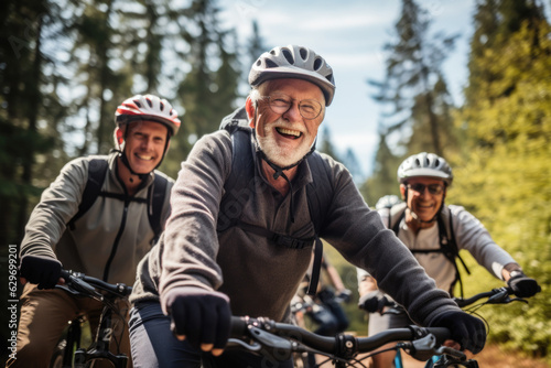 Portrait of active senior men on bikes in countryside.